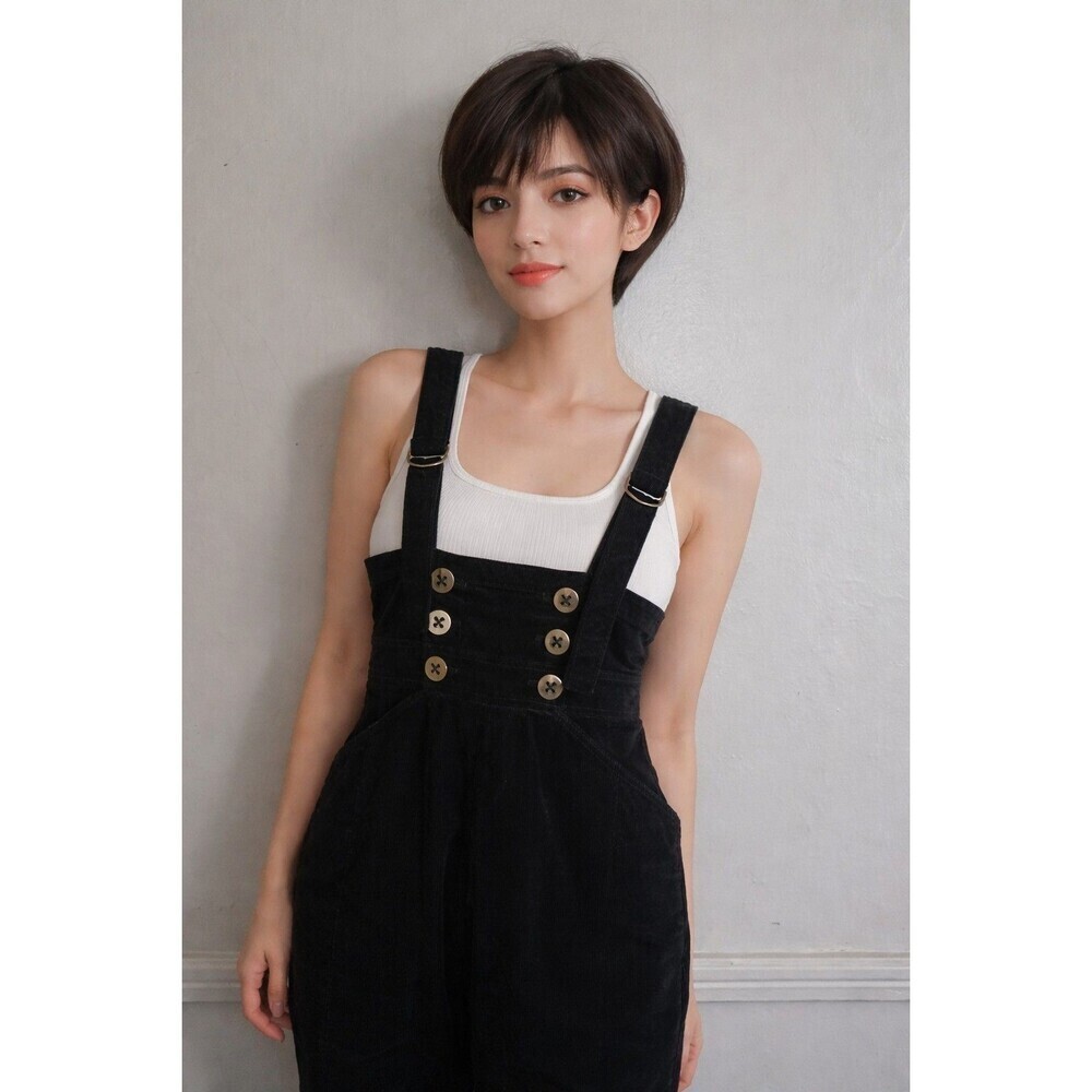 Anthropologie Buttoned Pinafore Corduroy Jumpsuit Women 0 Black Pockets Side Zip